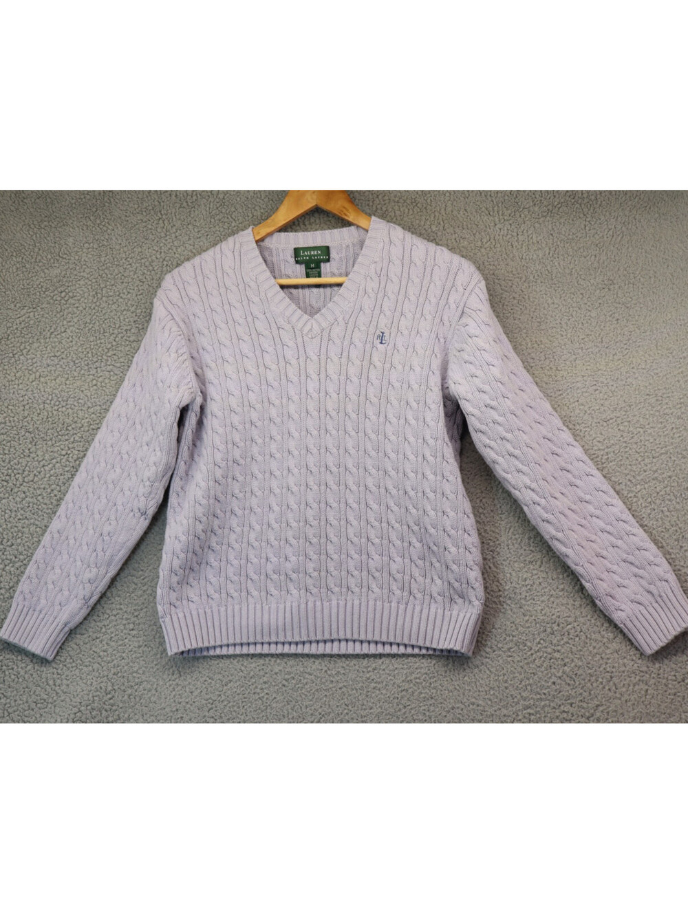 LRL Cable Knit V-Neck Sweater Medium Purple Lilac Lavender